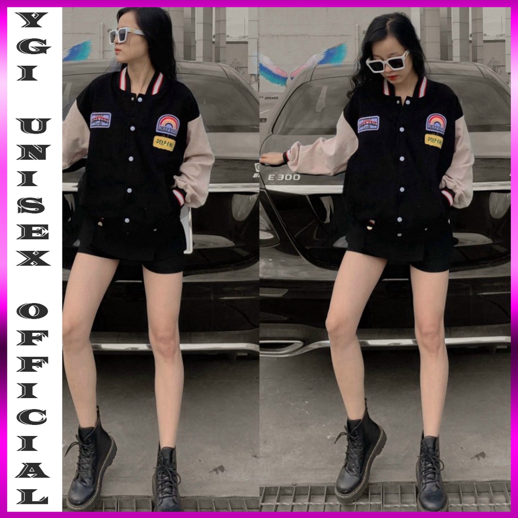 Áo khoác Bomber nam nữ Nhung Gân phối tay thêu lô gô hot trend YGI UNISEX