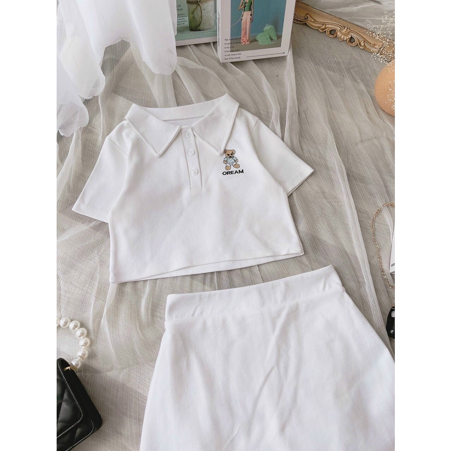 Set áo crotop POLO áo thiêu gấu chân váy trắng xinh QD MSP016