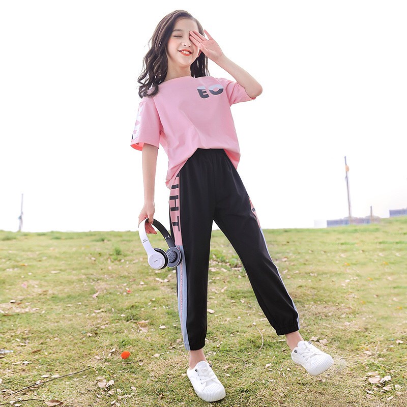 Bộ quần áo hè cho bé gái 14-45kg,bộ quần áo nữ từ 4-14 tuổi &quot;JUHT EO&quot; cá tính, thấm hút mồ hôi tốt, hàng may kỹ