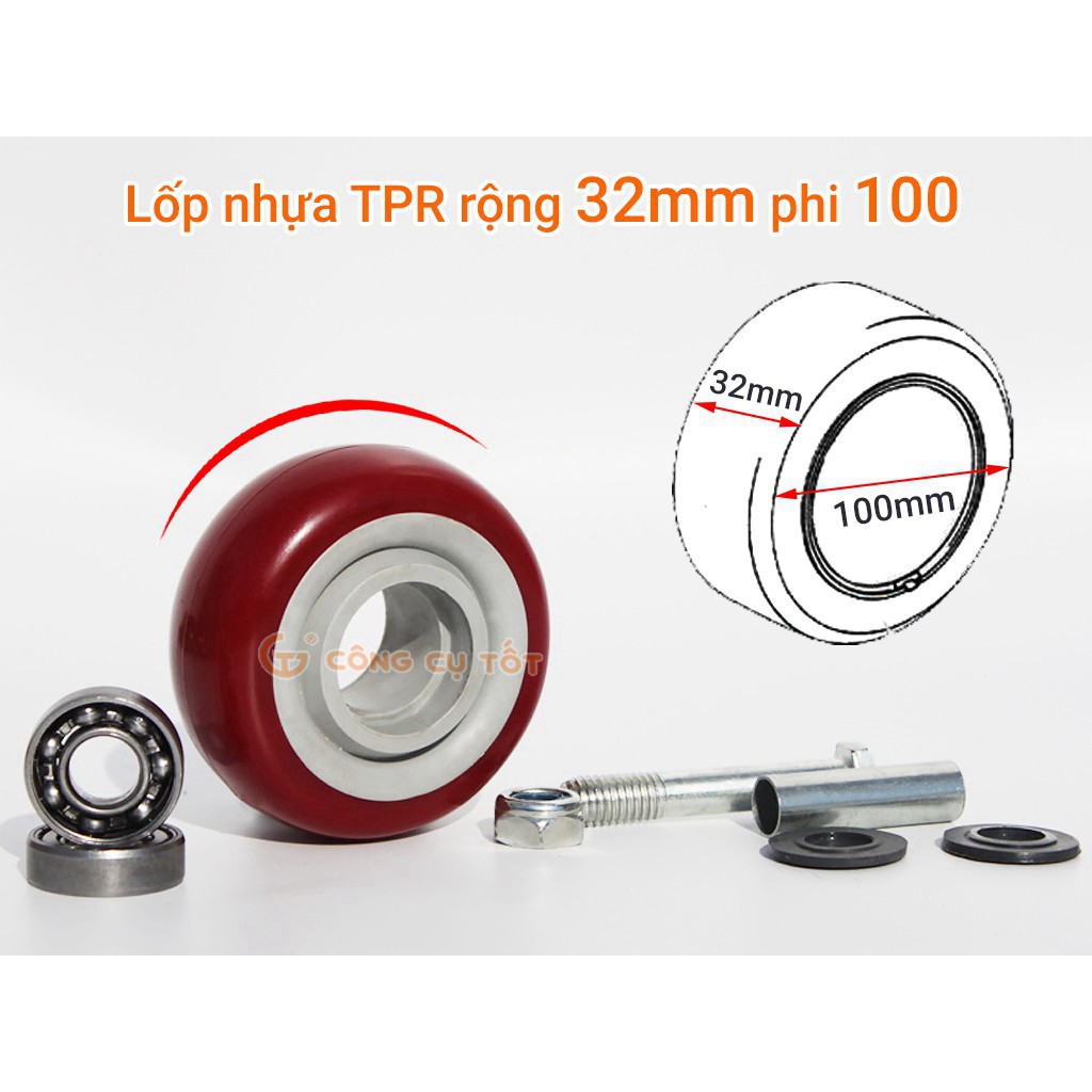 Bánh xe đỏ mận Φ100mm mặt đế xoay càng sắt mạ kền tải trọng 55kg lốp nhựa TPR đỏ mận rộng 32mm Φ100mm