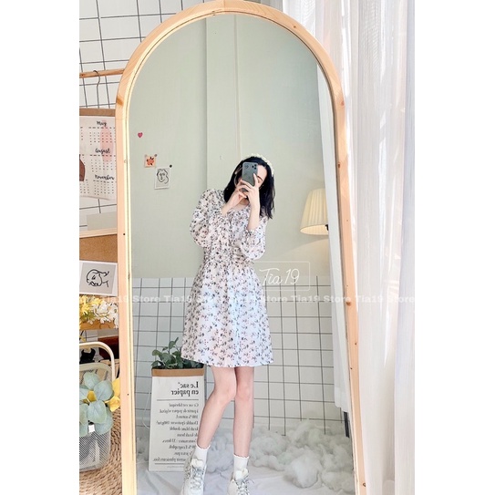 Váy hoa dài tay ulzzang kèm đai Tia19. Đầm hoa nhí ulzzang dáng xoè (Ảnh thật)
