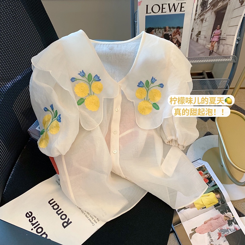 Áo Kiểu Tay Phồng Ngắn Cổ Búp Bê Thêu Họa Tiết Ngọt Ngào Phong Cách Pháp Thời Trang Cho Nữ