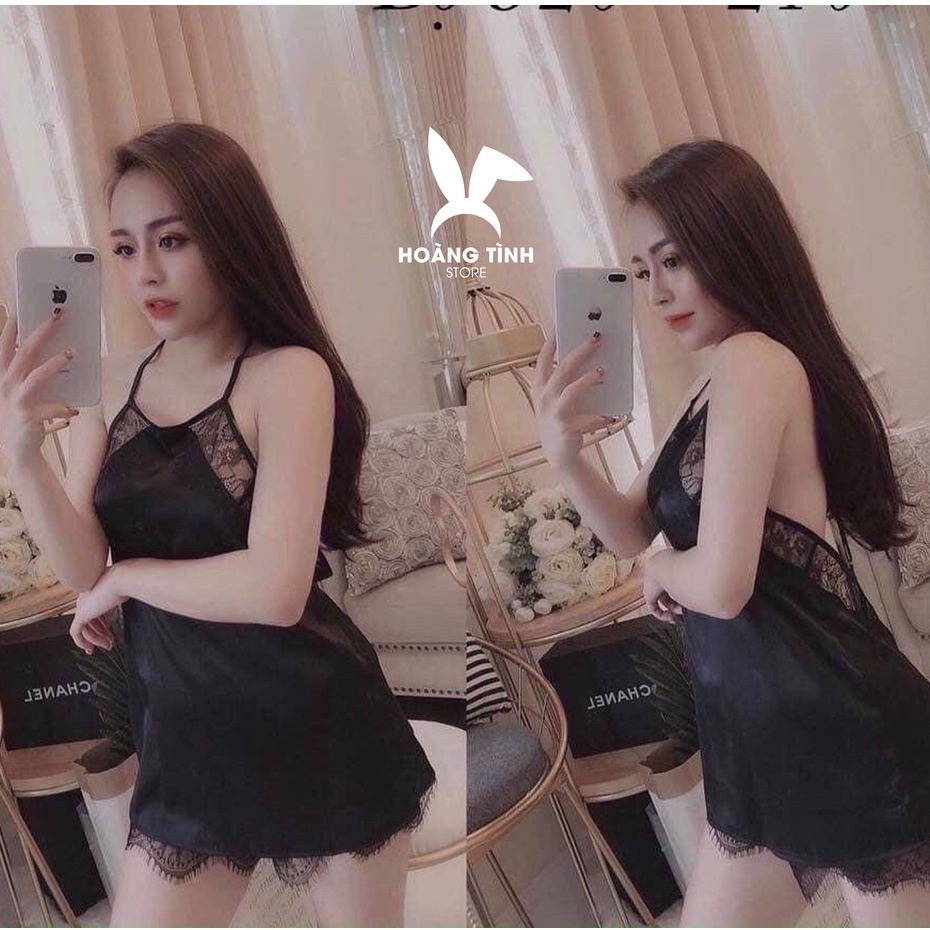 Đồ ngủ nữ mặc nhà dễ thương lụa satin cao cấp Hoàng Tình Store đồ bộ yếm phối ren gợi cảm mềm mại Freesize