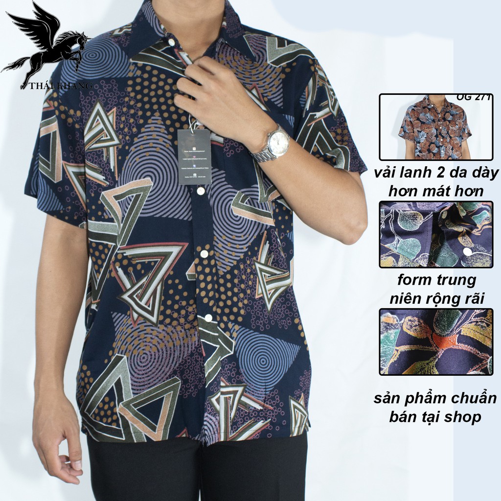 áo sơ mi nam form rộng trung niên vải lanh 2 da dày hơn mát hơn lanh thông thường loại áo sơ mi họa tiết trung niên OG3