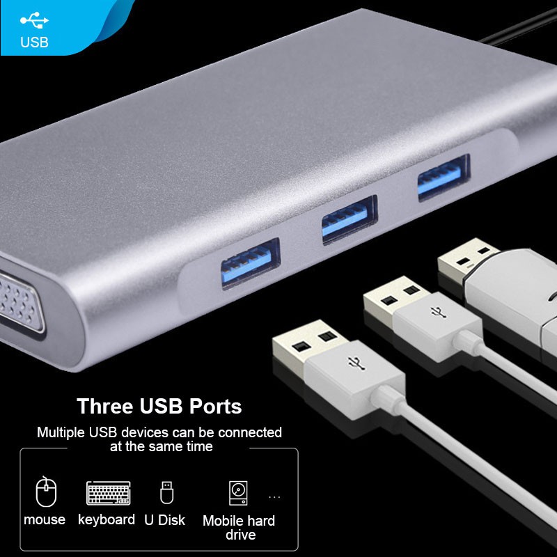 Bộ chia 10 cổng trong 1 USB Type-C sang USB 3.0/HDMI/PD/RJ45/SD/thẻ TF/VGA/3.5 cho MatebookXpro samsungs8/9 huaweip20