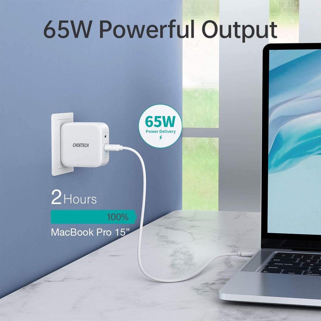 Adapter Củ Sạc Nhanh GaN 65W CHOETECH PD8002 Kèm Cáp Type C 65W Sạc Cho Macbook, Laptop, Smartphone