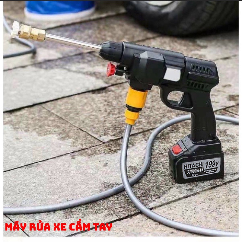 [Tặng bình xịt tạo bọt] Máy rửa xe Hitachi dùng pin - Áp lực cao, k cần cắm điện - Pin 199v - Bảo hành 12 tháng