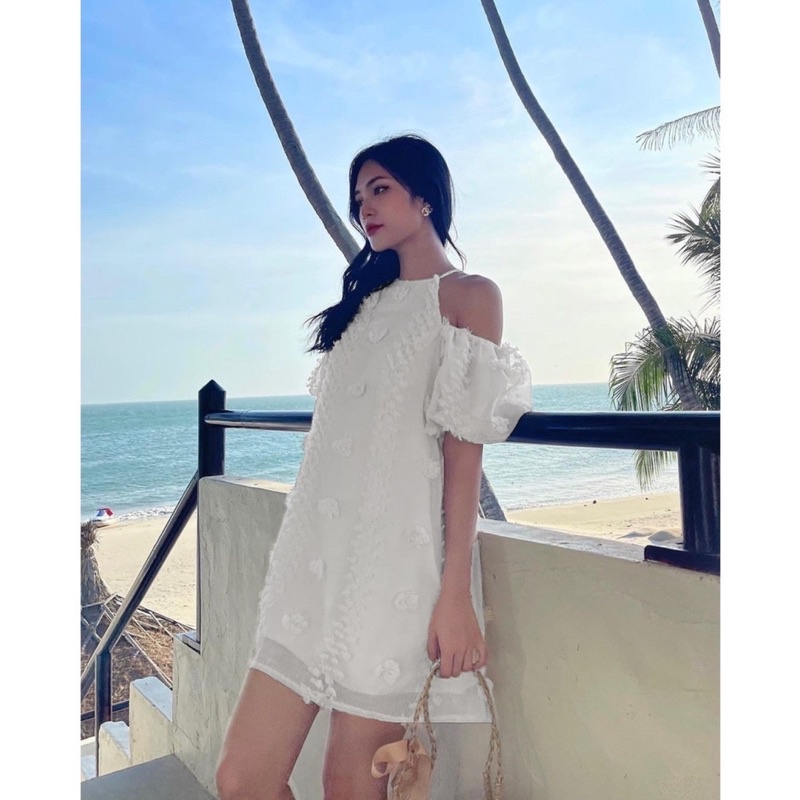 Đầm trễ vai ren hoa 2 lớp dày dặn