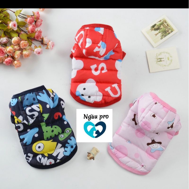 Quần áo chó mèo mặc Thu Đông , Áo phao lót bông cho thú cưng hoạ tiết hình thú cao cấp full size S đến Size XXL