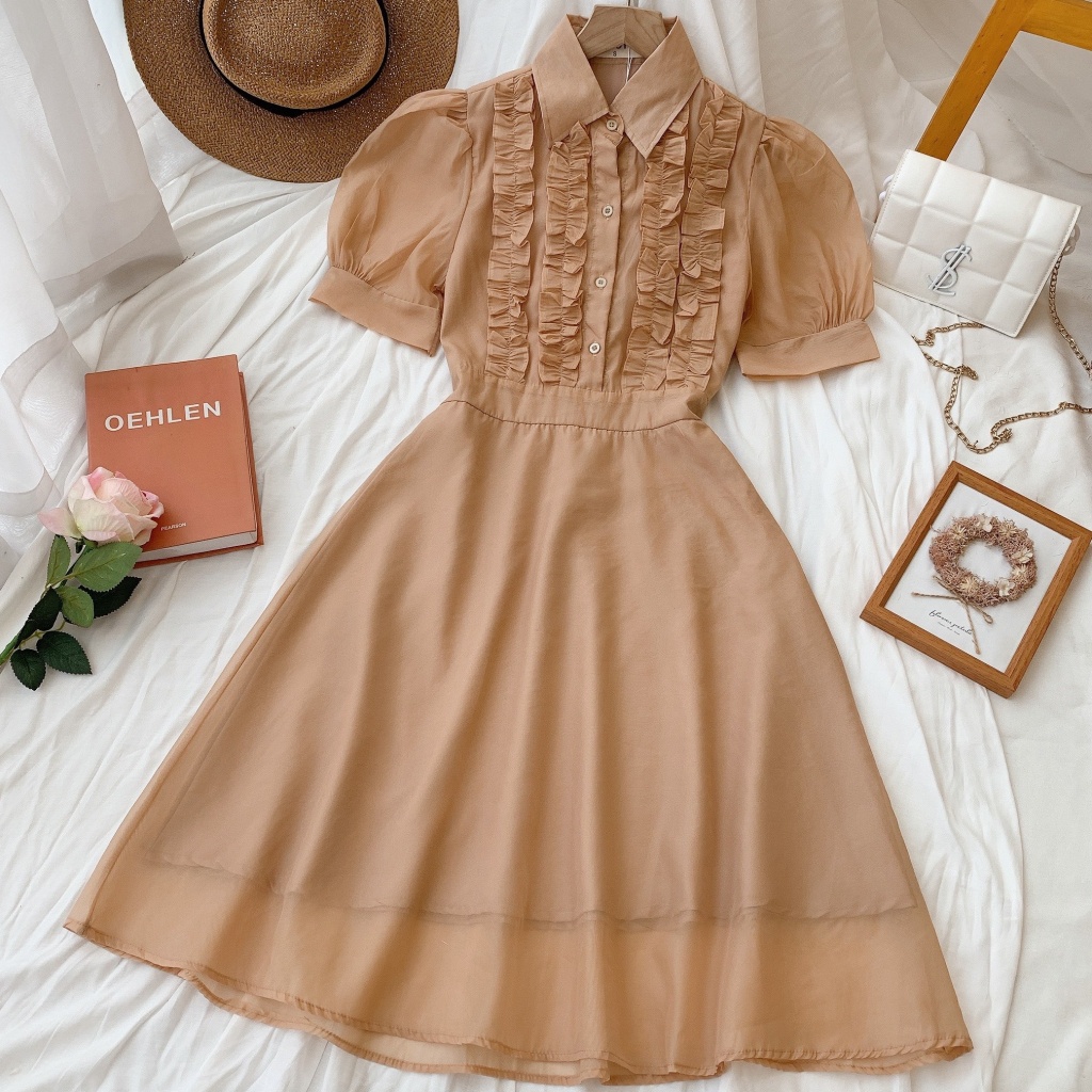 🌸 ĐẦM SƠ MI TIỂU THƯ BÈO NGỰC - CHẤT LIỆU CAO CẤP - MÀU HỒNG BÁNH BÈO/ NÂU TÂY | BigBuy360 - bigbuy360.vn