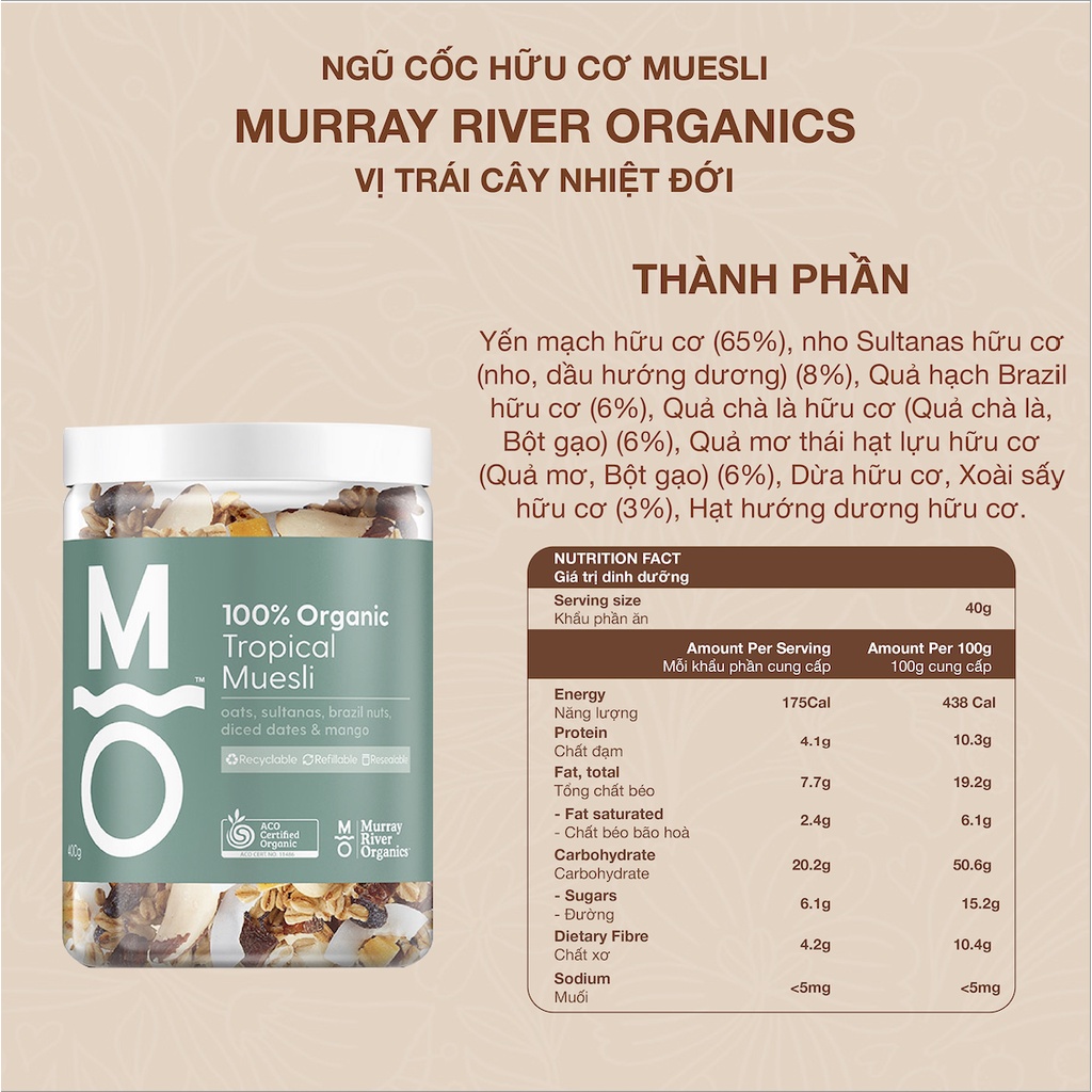 Phiên bản Quà tặng - Ngũ cốc Muesli hữu cơ MURRAY RIVER ORGANICS - Tuỳ chọn vị - Hộp 400gx2