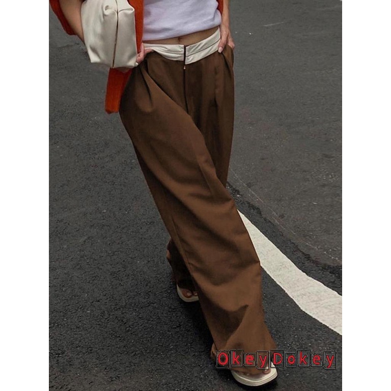 Quần ống rộng Lưng Thấp Cài Khóa Kéo Phong Cách Vintage Đường Phố Cho Nữ