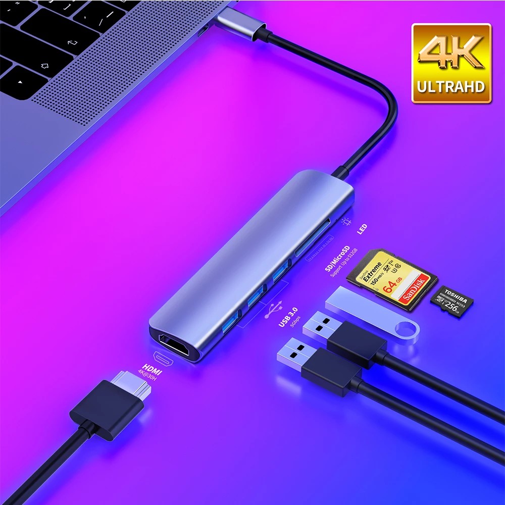 Hub Chuyển Đổi Usb 3.1 Type-C Hub Sang Hdmi 4k 6 Trong 1 Với 3 Cổng Usb C Cho Macbook Pro / Air / Huawei Mate