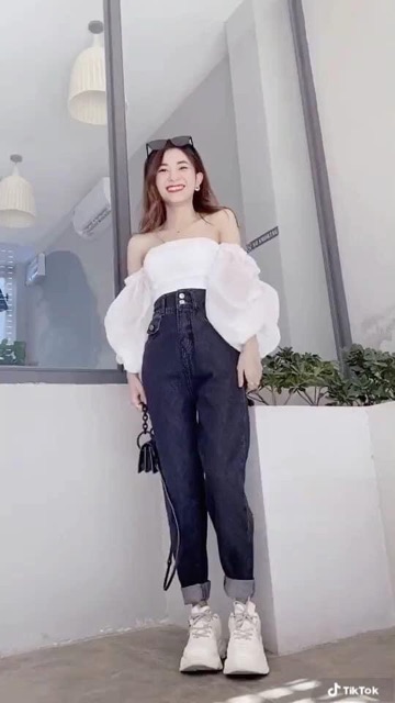 Quần baggy bò cạp cao hai khuy túi trước hàng có size