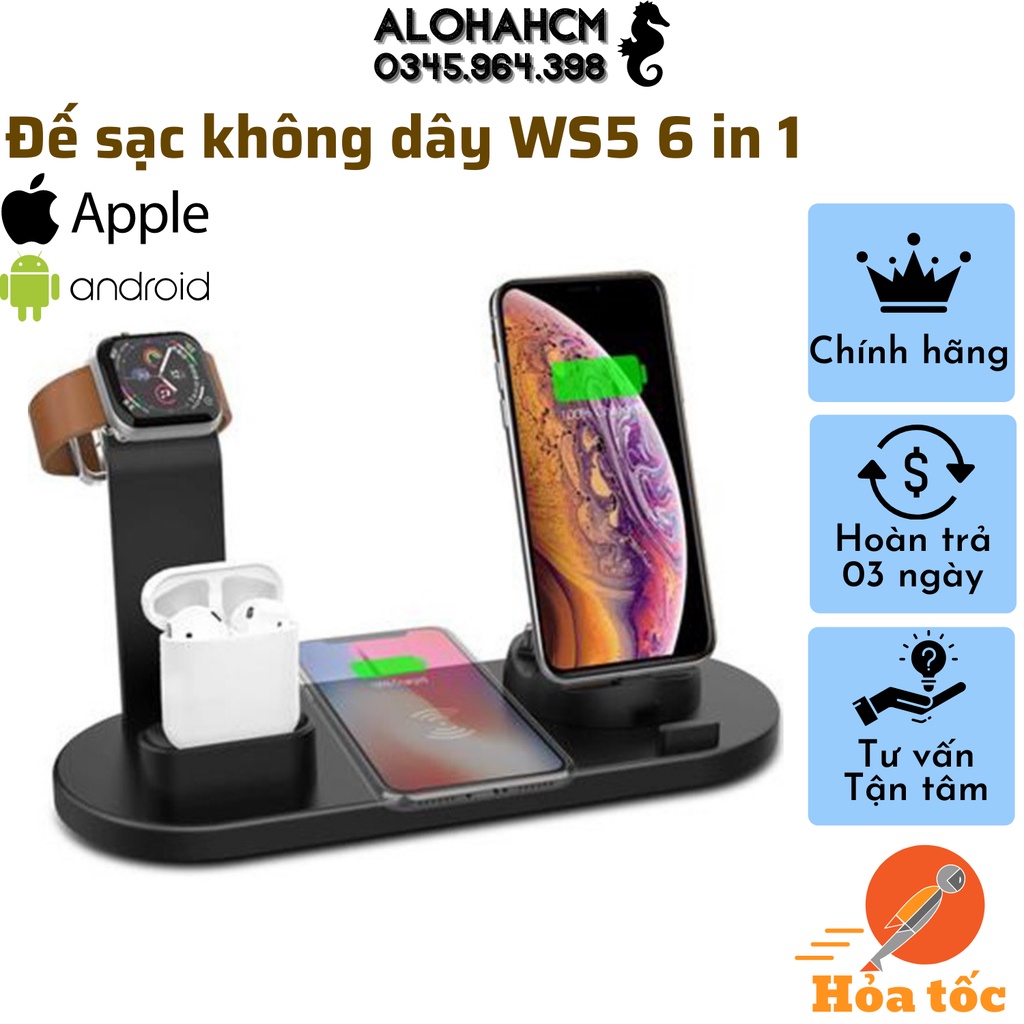 Sạc Không Dây Điện Thoại, Đồng hồ thông minh, tai nghe không dây WS5 6 in 1. Bộ sạc không dây đa chức năng - BH 12T