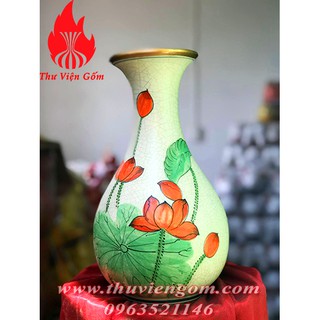Bình Tỳ Bà men rạn hoạ tiết vẽ tay hoa sen Bát Tràng