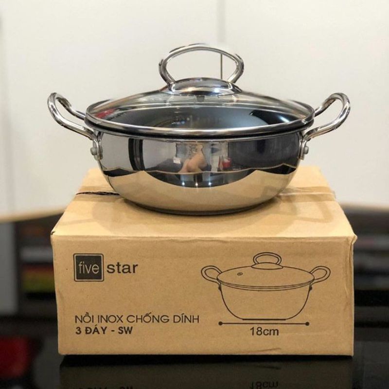 Nồi inox kho cá thịt chống dính bếp từ Fivestar  nắp kính , 3 đáy , inox 430
