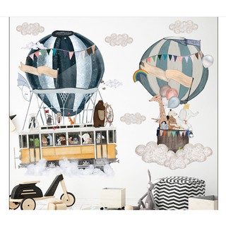 Decal dán tường động vật nhỏ đi khinh khí cầu cho bé