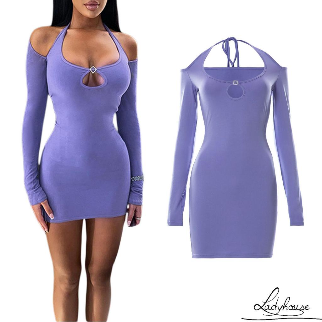 Đầm Ngắn Ôm Dáng Tay Dài Màu Trơn Hở Lưng Quyến Rũ Cho Nữ