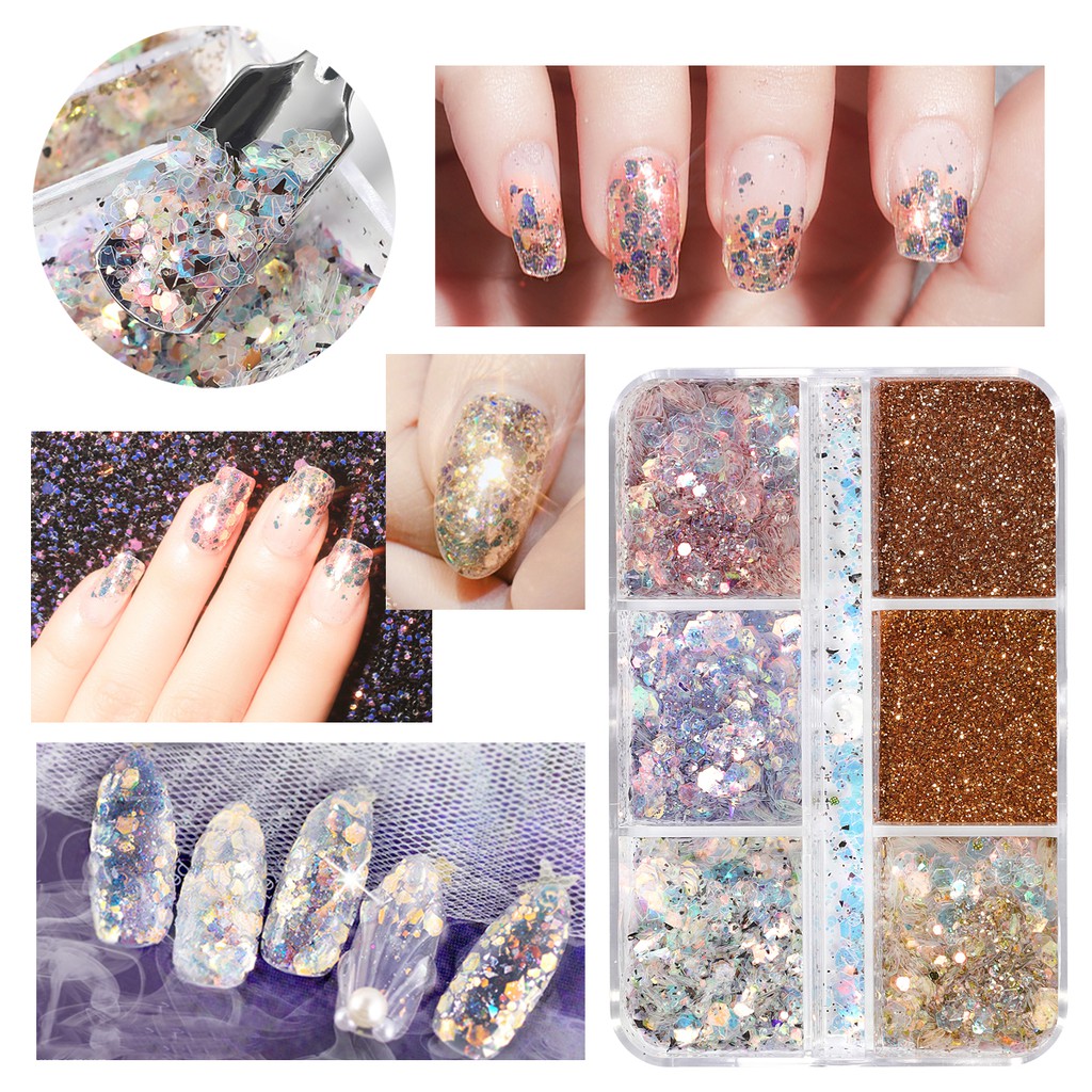 MONJA [Hàng mới về] Hộp 6 ngăn lá nhôm kim sa vàng bạc hình dáng không đồng đều trang trí móng tay nghệ thuật