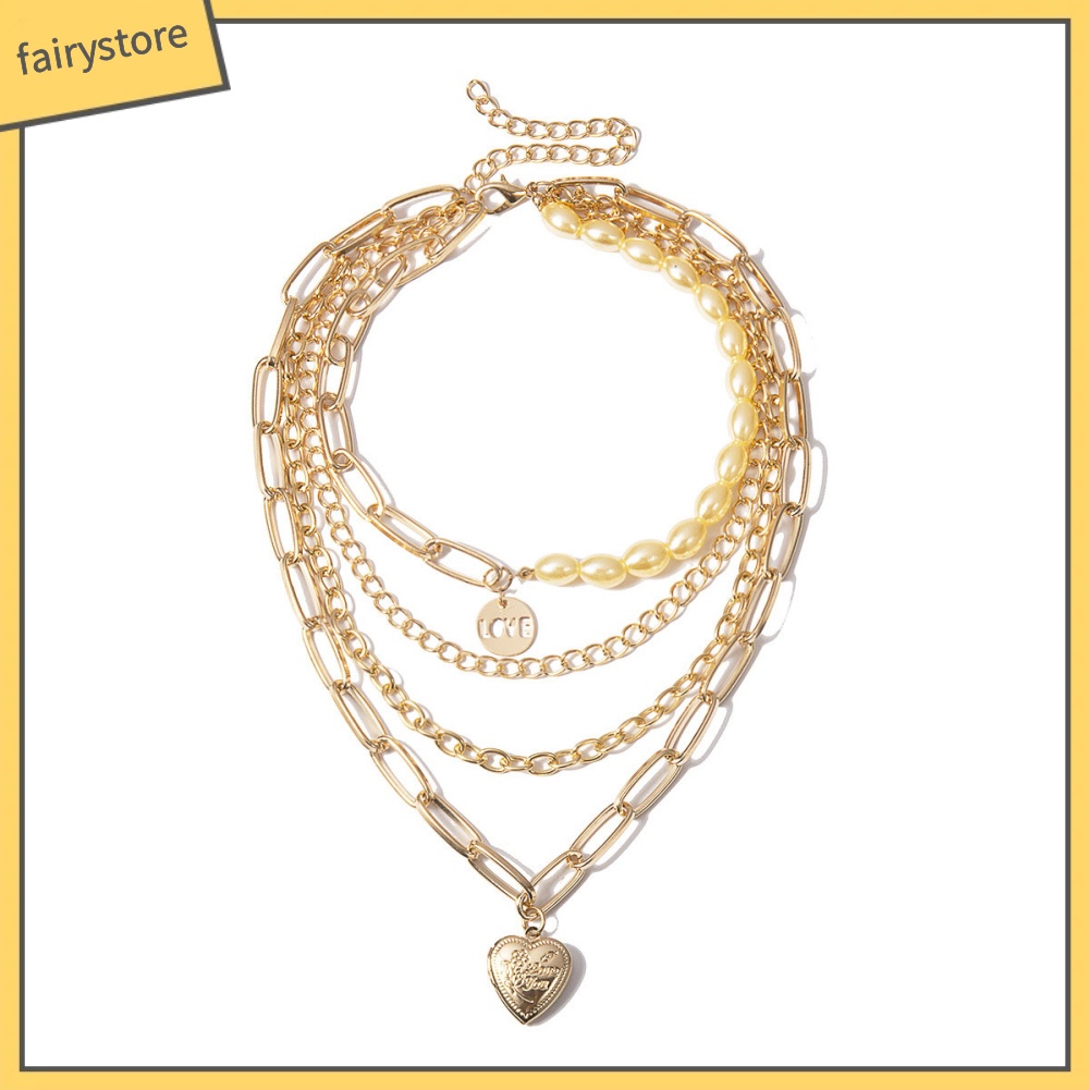 Dây Chuyền Nhiều Lớp Mặt Hình Trái Tim Đính Ngọc Trai Nhân Tạo