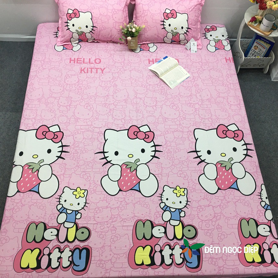 Ga giường SUMOI kèm 2 vỏ gối 45x65 bọc đệm 1m2 1m6 1m8 hoặc 2m2 mẫu kitty hồng ôm dâu