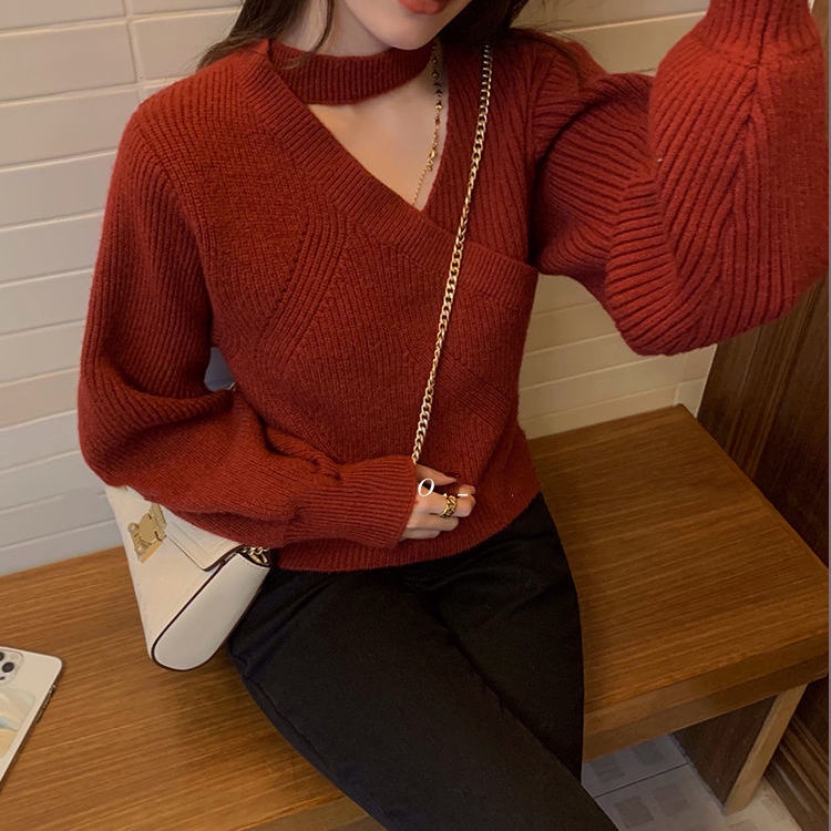 Áo sweater dệt kim cổ chữ v thời trang năm mới xinh xắn