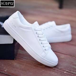 [FREE SHIP] Giày sneaker nam màu trắng da đẹp đế bằng gót chữ số HAPU (full trắng, trắng đen)
