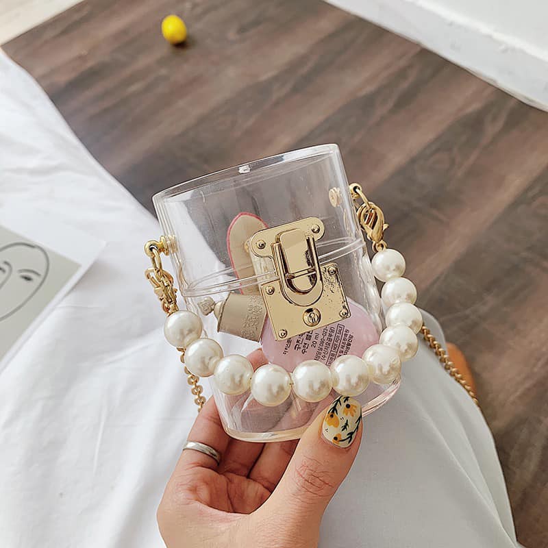 Túi hộp tròn mini phối ngọc trai, đeo chéo
