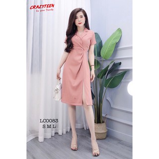 Đầm cổ vest họa tiết sọc thanh lịch thiết kế crazyteen