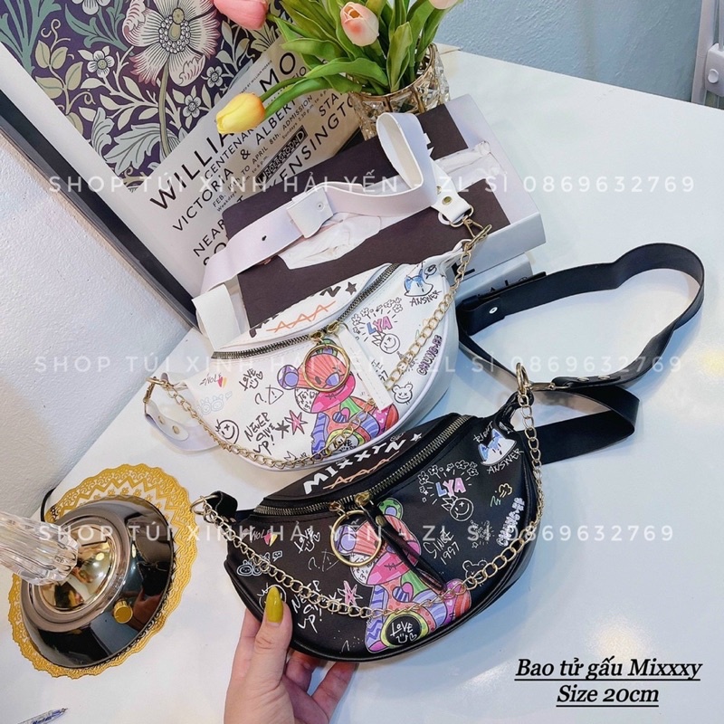 túi đeo chéo, túi bao tử gấu mixxi đen trắng siêu xinh, hoạ tiết cute dê phối đồ