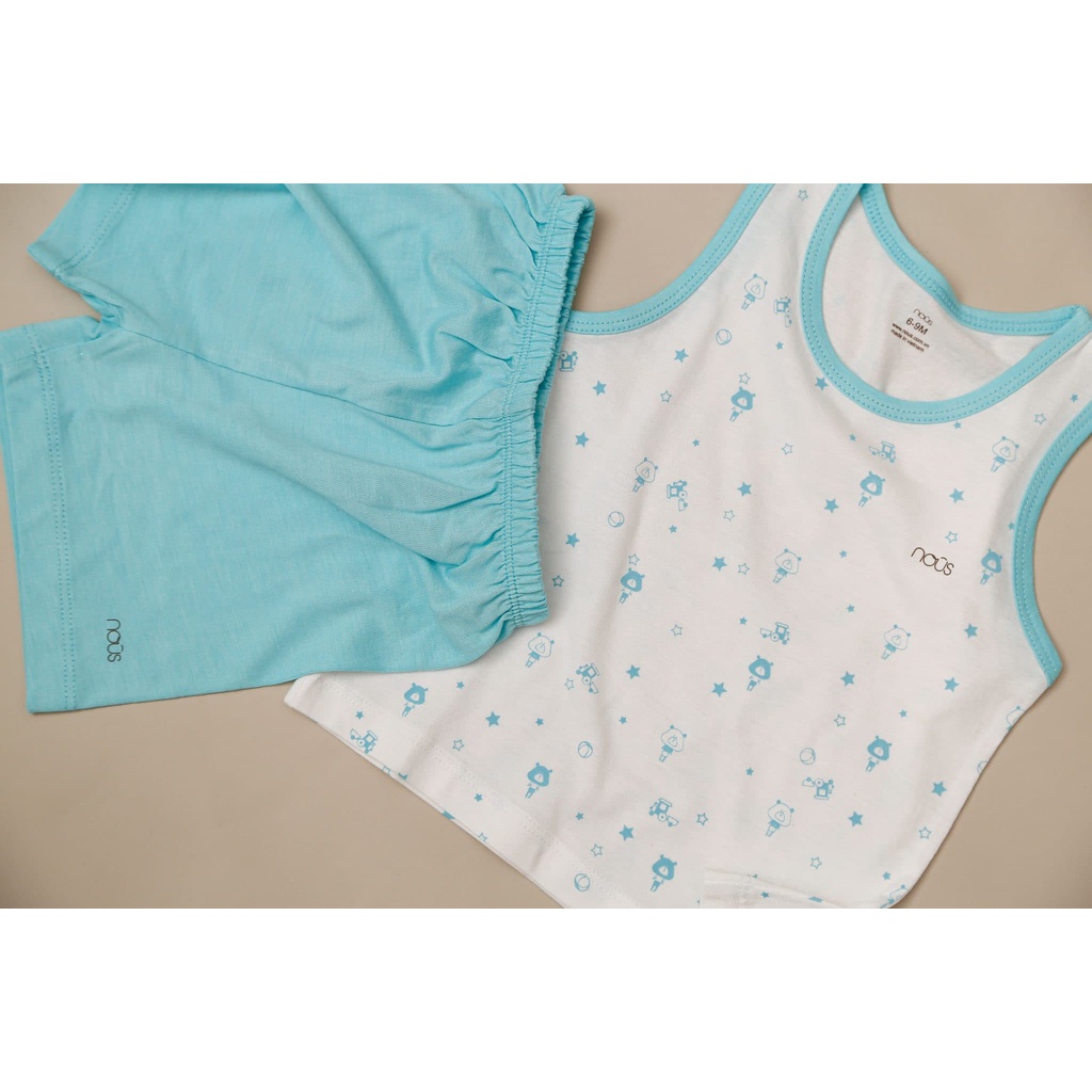 Bộ quần áo ba lỗ Nous Doux trắng xanh ngọc hoạ tiết gấu 6M, 9M, 12M, 18M - Monnie Kids