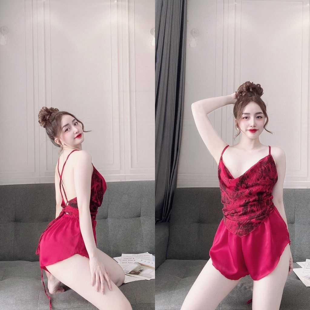 Đồ ngủ nữ sexy, bộ lụa ngủ 2dây cổ yếm đỗ gợi cảm chất lụa satin phối chiffon cao cấp