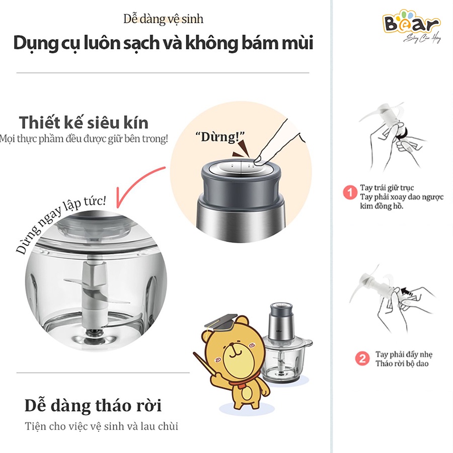 [Bear Chính Hãng]Máy xay đa năng Bear 2L QSJ-B03Y7 màu xám. công suất 300W, dung tích 2L bằng Inox 304, cối thủy tinh