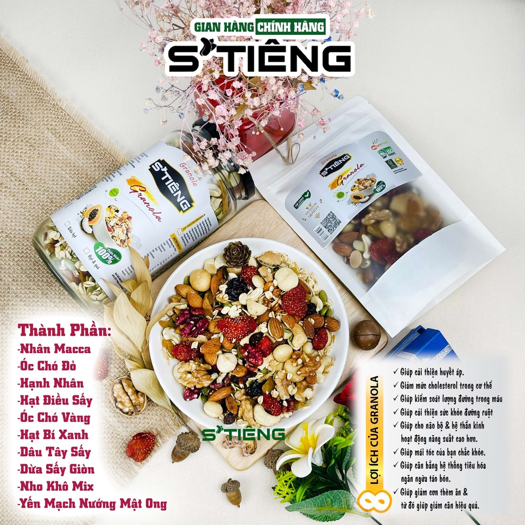 500Gr GRANOLA 13 Loại Siêu Hạt &amp; Quả Sấy STIENG, Hạt Dinh Dưỡng Ngủ Cốc Ăn Kiêng, Dâu Tây, Óc Chó Đỏ, Macca, Hạt Điều