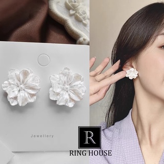 (Chuôi Bạc 925) E299 Khuyên Tai Bông Tai Nữ Hoa Trắng Xà Cừ Ring House