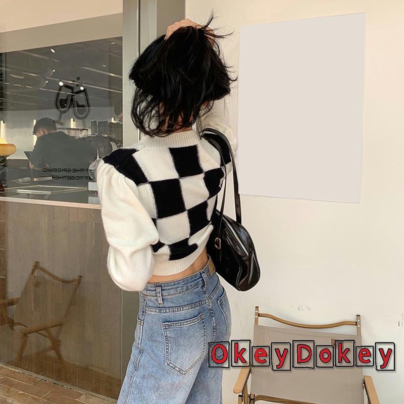 Áo sweater croptop tay dài dệt kim họa tiết caro cổ điển phong cách thường ngày dành cho bạn nữ