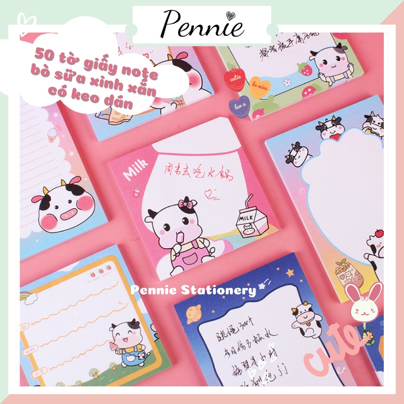 Tập 50 tờ giấy ghi chú giấy note Pennie bò sữa cute có keo dán mặt sau