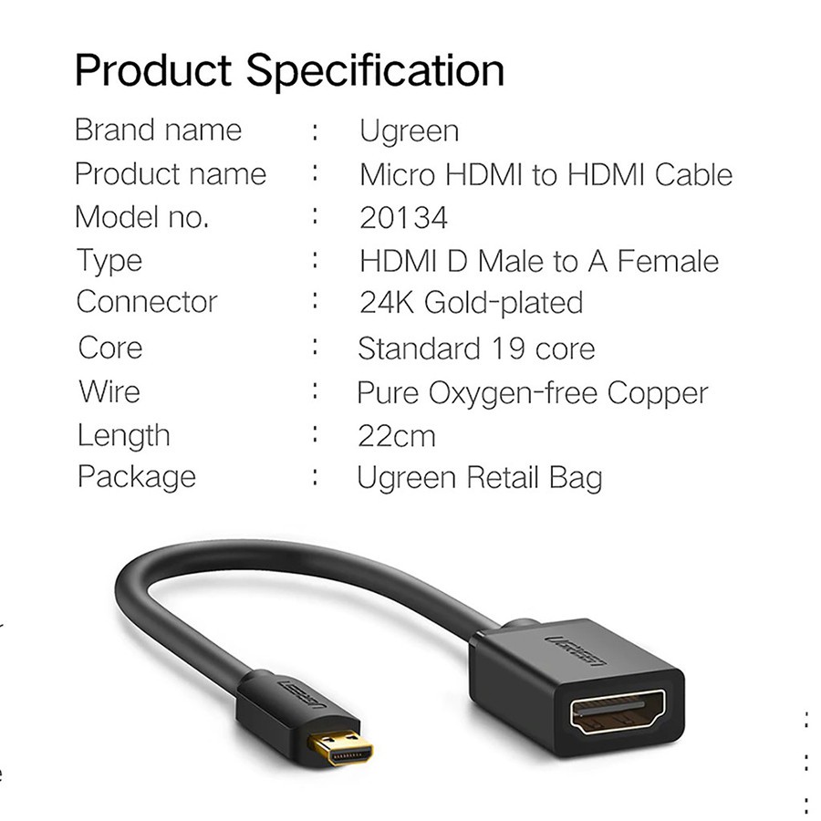 Cáp Micro HDMI to HDMI Female dài 20cm cho máy ảnh cao cấp Ugreen 20134 - Hàng chính hãng