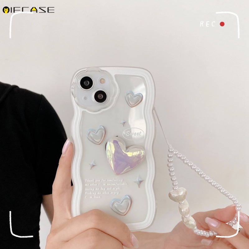 Ốp Điện Thoại Dẻo Màu Laser Họa Tiết Trái Tim Kèm Dây Đeo Ngọc Trai Cho iPhone 13 12 11 Pro Max XS Max XR X 7 8 6 6s