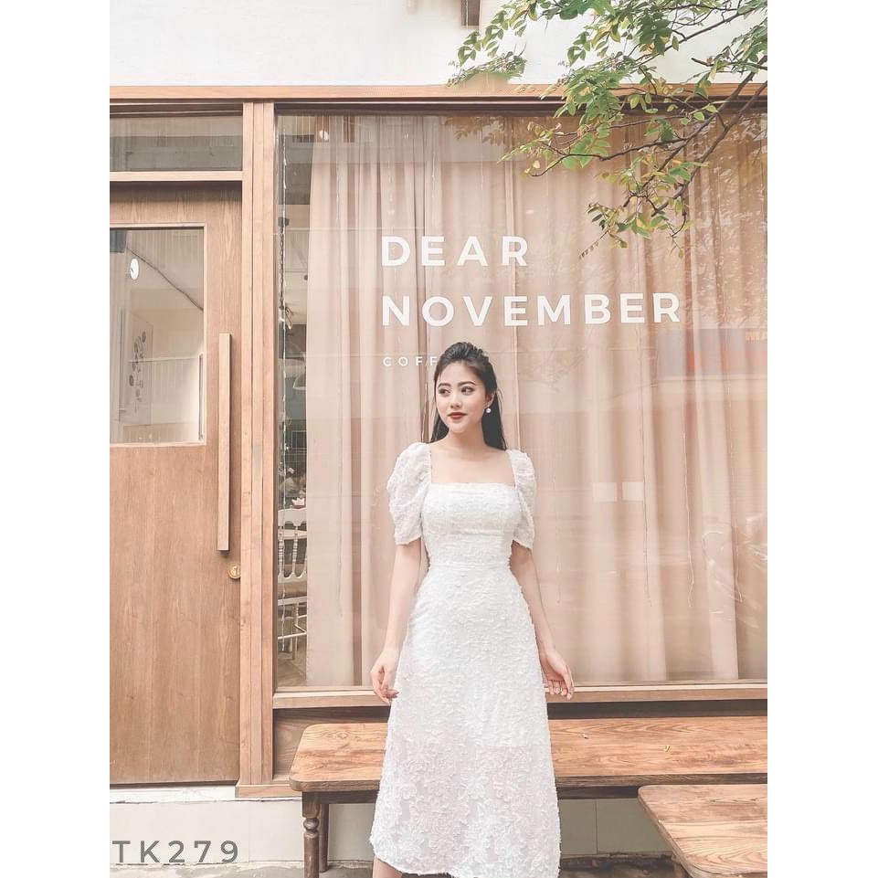 Đầm dự tiệc trắng vintage cổ vuông tay phồng Hàng Thiết Kế | BigBuy360 - bigbuy360.vn
