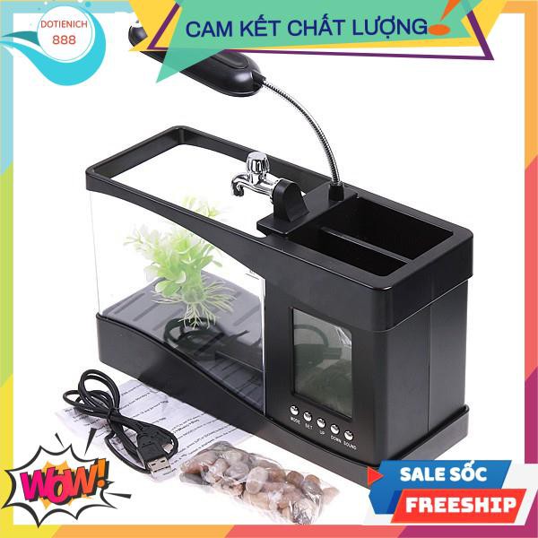 [SALE] Bể cá cảnh mini ,Bể cá để bàn có đồng hồ tặng kèm đá và cây trang trí có đèn Led ( màu đen) -giadung888