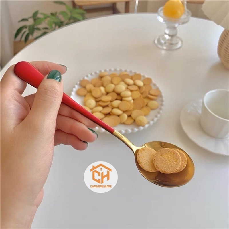 Thìa Inox Mạ Vàng Cán Dài Nhiều Mầu Sang Trọng Cam Homeware