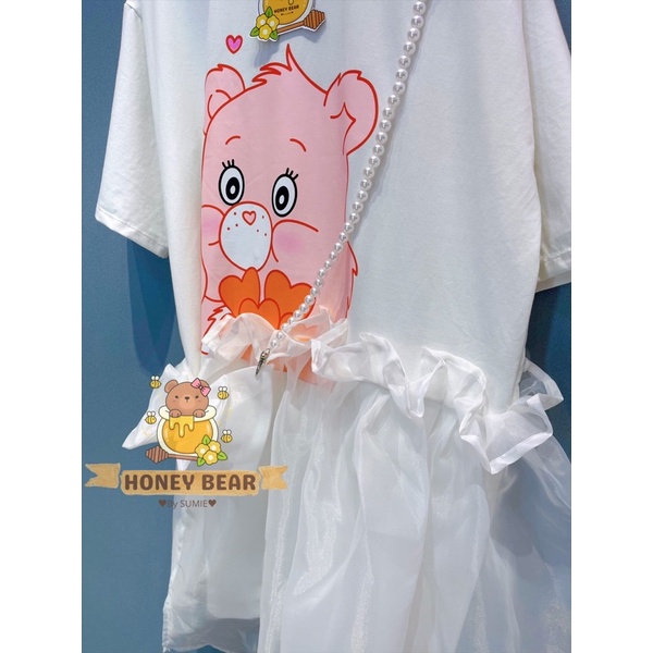 SET ĐI CHƠI - ĐẦM THUN CARE BEAR TRẮNG DÂY NƠ NGỌC - HB001