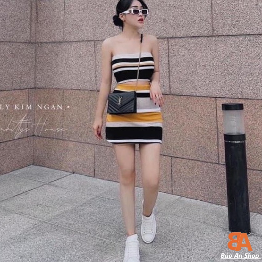 Sét bộ nữ áo sọc + chân váy có quần trong 2 sản phẩm chất vải thun Borip FreeSize dưới 54kg
