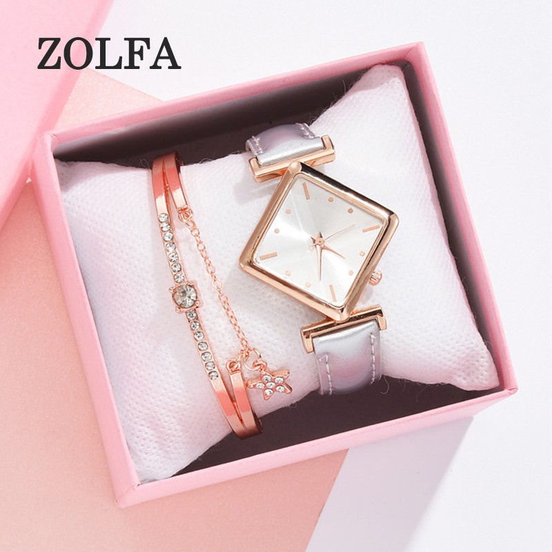 ZOLFA Fashion Square Ladies Leather Bracelet Watches Classic Black Elegant Womens Quartz Wristwatch Đồng hồ nữ