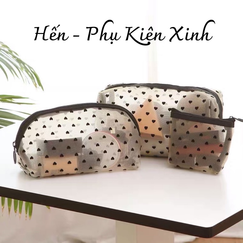 Túi lưới đựng mĩ phẩm cầm tay hình trái tim túi đựng bút học tập