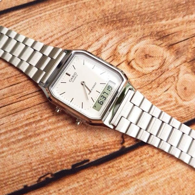 ĐỒNG HỒ NAM CASIO AQ-230A-7DHDF Mặt vuông dây inox sáng bóng