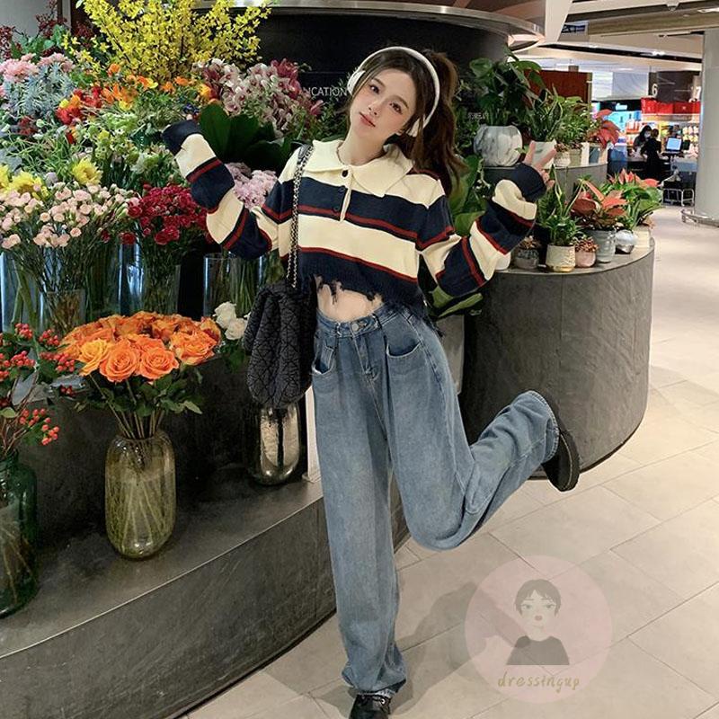 Áo Dệt Kim Tay Dài Cổ Tròn Màu Sắc Tương Phản Thời Trang Cho Nữ