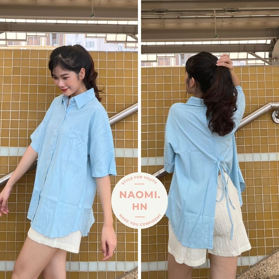 Áo sơ mi nữ ngắn tay form rộng xẻ sau mix nơ sang chảnh độc lạ. Áo sơ mi nữ xẻ sau chất thích phối nơ nhiều màu hothit